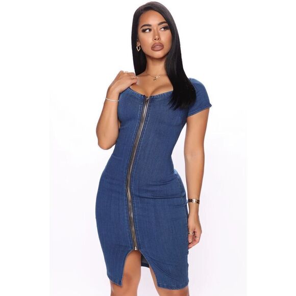 Womens Haute Monde Double Time Chambray Denim Zip Front Detail Dress - Sz M - Picture 1 of 5